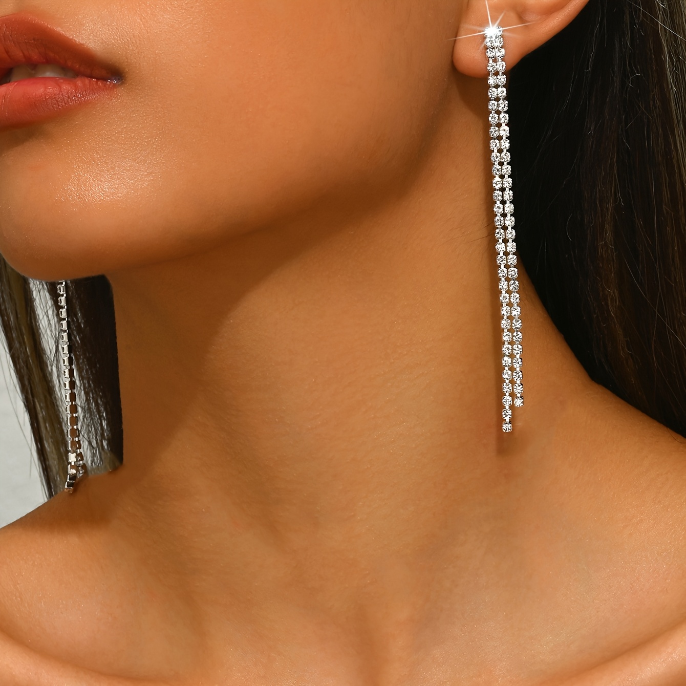 Korean Style Long Rhinestone Tassel Earrings, Fashion Accessory